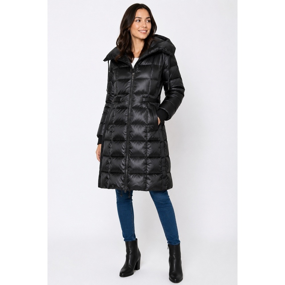 BCBGMAXAZRIA Women's Black Long Hooded Down Puffer Coat Jacket Size L